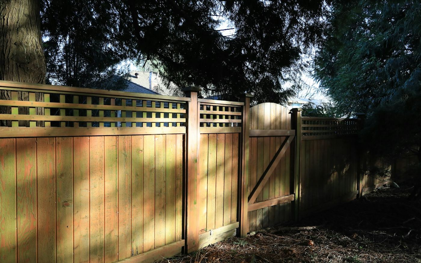 A wooden privacy fence with a lattice topper and a diagonally braced gate